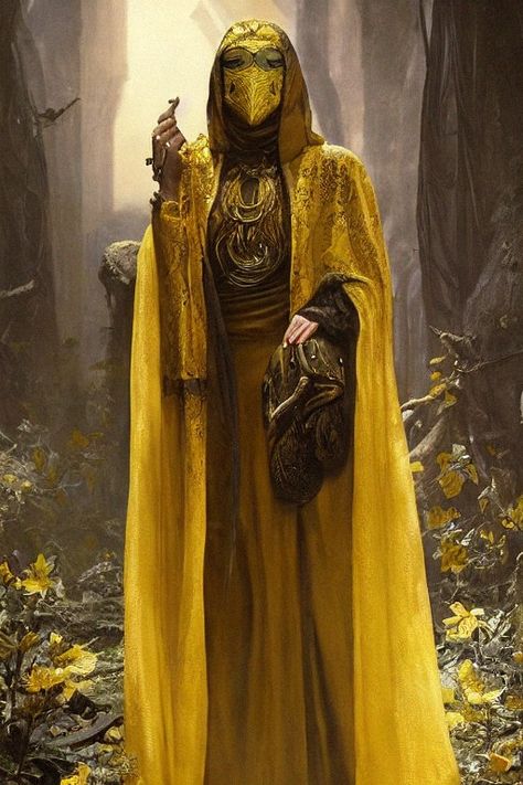 AI Image Generator: Cultist of the "King in Yellow" cult. She wears a yellow robe with runes and a mask. from the game call of cthulhu King In Yellow Art, The King In Yellow, Fix It Felix Jr, King In Yellow, Painting Mood, Survival Skills Life Hacks, Yellow Sign, Creepy Images, Props Art