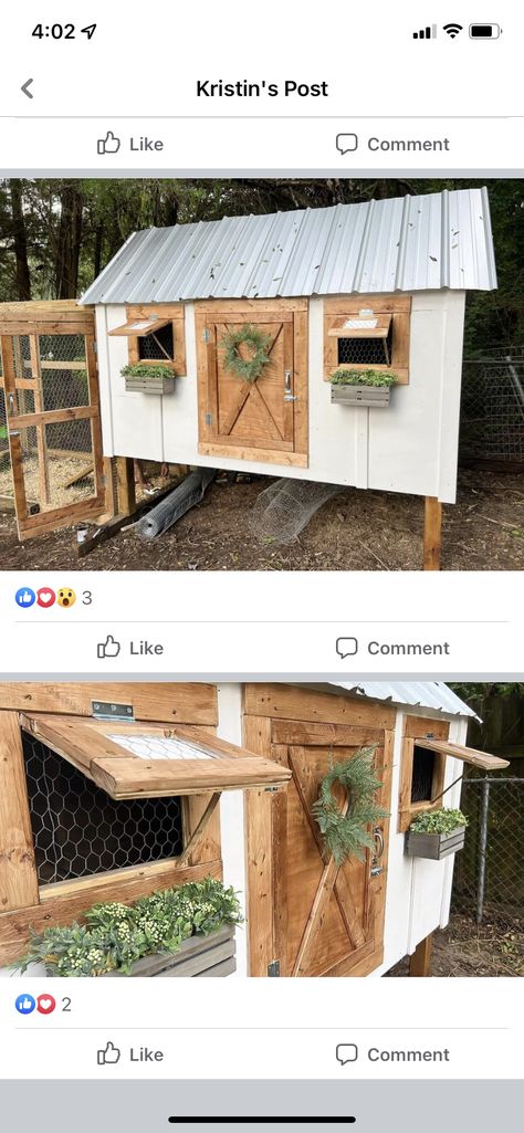 Hen House Ideas Diy, Chicken Coop With Shingles, Chicken Coop Cover Ideas, Repurposed Chicken Coop Ideas, Chicken Coop Layout Design, Chicken Pens Ideas Houses, Green And White Chicken Coop, Chicken Hutch Ideas, Amazon Chicken Coop