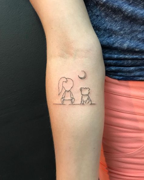 Dog and Friend Staring at the Moon Outline Tattoo on the forearm. #dog #dogtattoo #doglover #doggy  #tattoo #tattoos #outlinetattoo #moontattoo #blackwork #blacktattoo #tattooidea #tattooideas #tattoosforwomen #tattooinspiration #ink #inked #tattoodesign #finelinetattoo #delicatetattoo Staring At The Moon, The Moon Tattoo, Coil Machine, Moon Outline, Dog Print Tattoo, Dog Memorial Tattoos, Dinosaur Tattoos, Outline Tattoo, Delicate Tattoo