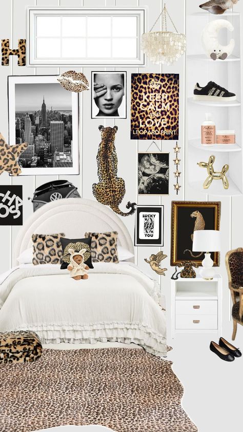 Lepord print bedroom Blue And Cheetah Bedroom, Animal Print Room Ideas Bedrooms, Room Inspo Cheetah, Room Ideas Leopard, Lepord Print Room Aesthetic, Cheetah Room Ideas, Vogue Room Ideas, Room Ideas Cheetah, Cheetah Print Dorm Room