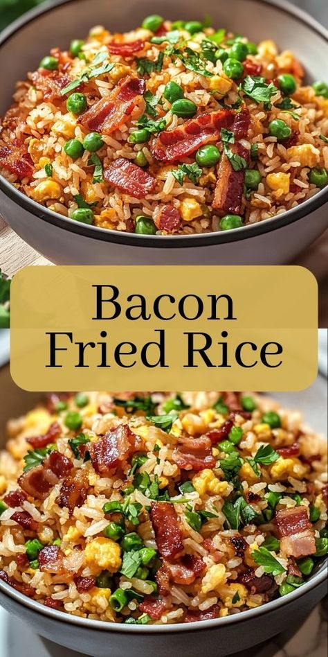 Make dinner unforgettable with this Quick and Flavorful Bacon Fried Rice! 🥓🍚 Loaded with crispy bacon, veggies, and perfectly seasoned rice, this one-pan meal is a lifesaver for busy weeknights. Easy to customize and packed with flavor, it’s perfect for family meals or meal prep. Ready in just minutes! Don’t miss this crowd-pleaser recipe. #BaconRecipes #FriedRice #EasyDinnerIdeas #ComfortFood #OnePanMeals 🍴💫 Fried Rice With Bacon, Bacon Fried Rice Recipe, Bacon Fried Rice, Best Fried Rice Recipe, Bacon Rice, Crowd Pleasers Recipes, Fried Rice Recipe Easy, Bacon Fries, Rice Side Dishes