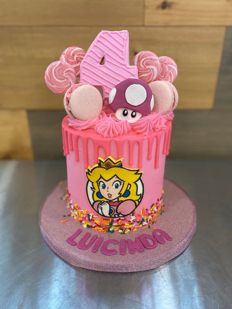 Mario Peach Birthday Cake, Peaches Birthday Cake Mario, Super Mario Birthday Party Cake Princess Peach, Princes Peach Cake Ideas, Mario Bros Princess Peach Birthday, Super Mario Princess Birthday Party, Princess Peach Cupcake Cake, Princess Peaches Party, Princess Peaches Birthday Party