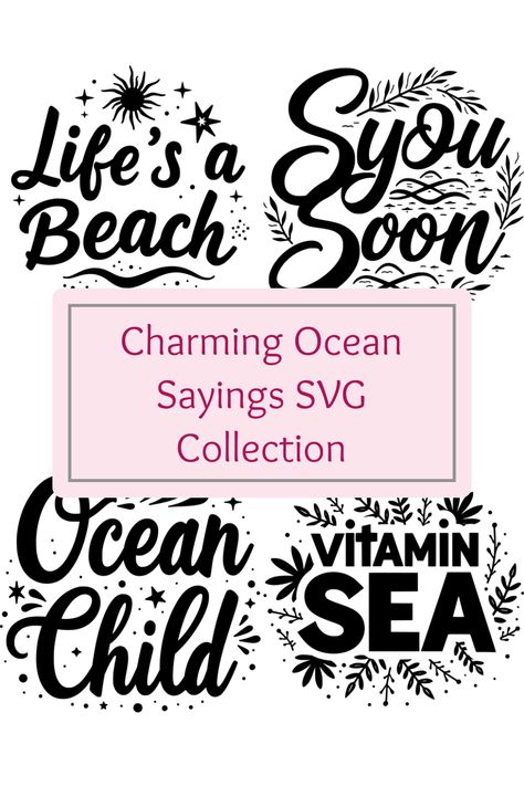 Bring the essence of summer to your projects with our delightful Ocean Sayings SVG designs. This collection captures the warmth and joy of beach life, with sayings like 'Sandy toes, sun-kissed nose' and 'Life is better at the beach.' Perfect for crafting beach-themed decorations, gifts, or unique apparel. These SVG designs are compatible with Cricut and Silhouette machines, providing endless possibilities for personalization. Create something special that speaks to the coastal memories we all cherish; inspire yourself and others to celebrate the spirit of the sea. Ocean Sayings, Svg Text, Cheerful Quotes, Life By The Sea, Wedding Wine Glasses, Themed Decorations, Ocean Quotes, Halloween Scene, Wine Wedding