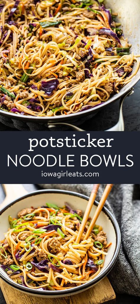 Potsticker Noodle Bowls - No Filling and Sealing Required! Pot Sticker Bowl Recipe, Potsticker Recipes Dinners, Potsticker Salad Recipe, One Pot Noodle Recipes, Gluten Free Pork Recipes, Potsticker Casserole, Potsticker Stir Fry Recipe, Pot Sticker Noodle Bowl, Potsticker Noodle Bowl