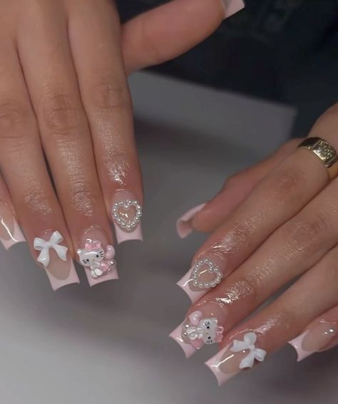 There's a new beauty trend taking over Instagram and it's absolutely stunning. Say hello to "quartz nails". Hello Kitty Nails Medium Square, Nail Inspo Pink Hello Kitty, Cute Nail Designs Hello Kitty, Hello Kitty Nail Charm Nails, Nail Options At Salon, Nail Inspo For 10 Yo, Nail Ideas Acrylic Charms, Cinnamon Rolls Sanrio Nails, Hello Kitty Medium Nails