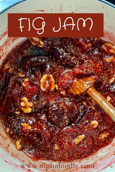 This 4-ingredient fig jam recipe (fig preserves) contains just fresh figs, lemon, sugar, and walnuts (optional), with no pectin but with several flavor variations! The results are perfect for spreading over bagels, toast, adding to grilled cheese, dolloping over pizza, and more! Fig Perserves Recipes, Fig Chutney Recipe, Fig Recipes Dessert, Fig Recipes Fresh, Fig Jelly, Fig Preserves Recipe, Fig Preserves, Fig Jam Recipe, Fig Compote