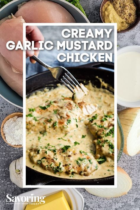 Creamy Garlic Mustard Chicken is worthy of your weeknight meal rotation because the aroma of garlic and mustard wafting through the kitchen is incredibly satisfying. This is no ordinary chicken dish! You’ll love the garlicky, tangy flavors swirled throughout the rich cream sauce that cradles juicy pan-seared chicken. Chicken With Creamy Mustard Sauce, Stone Ground Mustard Chicken, Mustard Crusted Chicken, Mustard Sauce For Chicken, Mustard Chicken Breast, Mustard Cream Sauce, Take A Meal, Garlic Mustard, Creamy Mustard Sauce