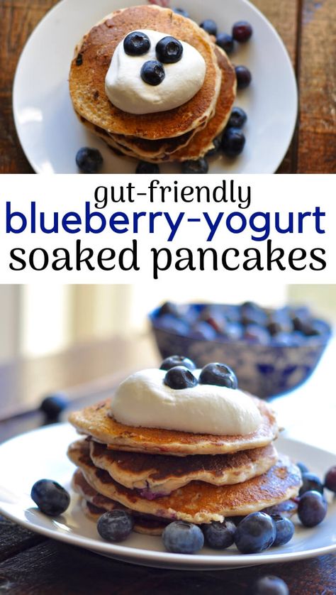 These soaked blueberry yogurt pancakes have tons of flavor while still being gut-friendly! Overnight soaked pancake mix and the addition of yogurt make these pancakes super healthy. Fresh blueberries and a hint of lemon make them super yummy! #pancakes #pancakerecipe #blueberrypancakes #gutfriendly #soaking #yogurt #blueberries #healthybreakfast Yogurt Blueberries, Yummy Pancakes, Blueberry Pancakes Recipe, Flavored Pancakes, Blueberry Yogurt, Yogurt Pancakes, Healthy Pancakes, Homestead Kitchen, Breakfast Goodies