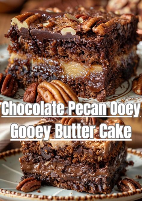 Decadent Chocolate Pecan Ooey Gooey Butter Cake Ooey Gooey Cake, Chocolate Butter Cake, Ooey Gooey Butter Cake, Boxed Cake Mixes Recipes, Gooey Cake, Pecan Desserts, Butter Pecan Cake, Gooey Butter Cake, Butter Cake Recipe