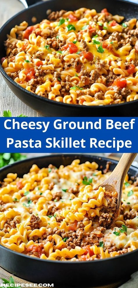 Searching for a delicious, time-saving dinner recipe? This Cheesy Ground Beef Pasta Skillet is your answer. With minimal prep and cook time, it’s an ideal option for those hectic evenings when you need a satisfying meal fast. Ground Beef Pasta Skillet, Cheesy Ground Beef Pasta, Quick Beef Recipes, Cheesy Ground Beef, Easy Comfort Food Dinners, Pasta Skillet, Comfort Dinner, Ground Beef Pasta, Skillet Pasta