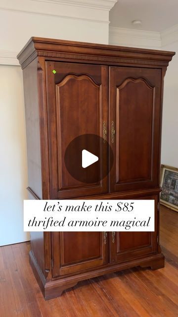 China Cabinet Into Wardrobe, Armoire Refinishing Ideas, Armoire Ideas Living Room, Armoire Into Jewelry Cabinet, Diy Painted Wardrobe, How To Paint Old Cabinets, Painted Wardrobe Doors Ideas, Black Armoire Makeover, Dining Room Armoire Ideas