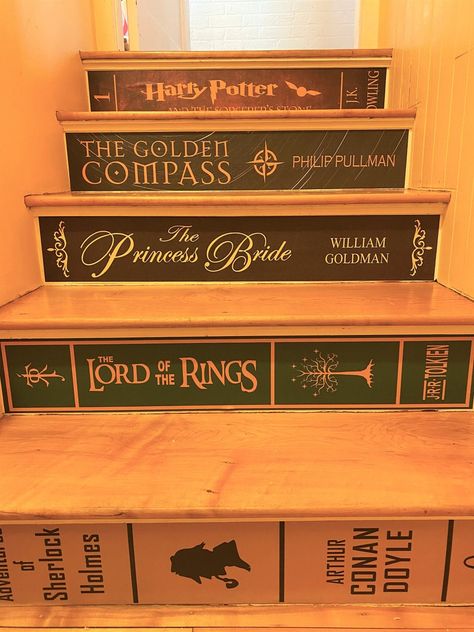 Book Stairs, Stair Decals, Purple Books, Purple Carpet, Barn Interior, The Golden Compass, Basement Apartment, House Aesthetic, Book Discussion