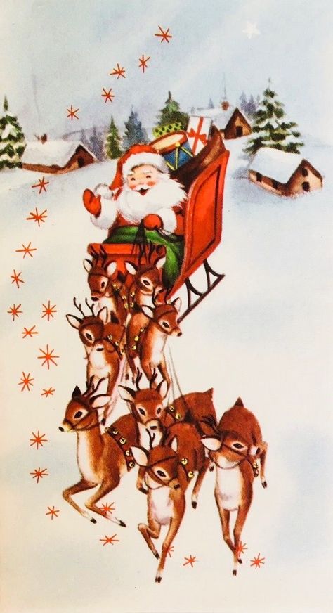 Christmas Card Vintage, Santa Sleigh Reindeer, Reindeer Christmas Card, Vintage Holiday Cards, Wallpaper Fashion, Vintage Christmas Card, Vintage Christmas Images, Fashion Christmas, Old Fashioned Christmas