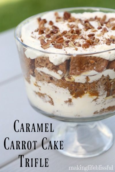 Carrot Cake Trifle Recipes, Easy Fall Trifle Desserts, Punchbowl Cakes, Fall Trifle Recipes, Fall Trifle, Easter Trifle Desserts, Carrot Cake Trifle, Easter Trifle, Caramel Carrot Cake