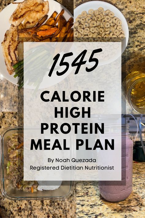 This 1545 calorie meal plan was created by registered dietitian nutritionist Noah Quezada and includes 3 meals and one large snack and is designed as a 7 day meal plan. This meal plan provides 1545 calories, 127 grams of protein, 173 grams of carbohydrates, and 41 grams of fat. Breakfast: Berry Cheesecake Overnight Oats Snack: Banana + Glass of Milk Post-workout Lunch: Slow Cooker Seasoned Chicken, Potatoes and Green Beans  Dinner: Turkey Burger, Salmon, Tilapia with Baked Sweet Potato Fries. 2200 Calorie Meal Plan, Slow Cooker Seasoned Chicken, Oats Snack, High Protein Meal Plan, Banana Protein Smoothie, Protein Meal Plan, High Protein Meal, Preworkout Snack, Jelly Sandwich