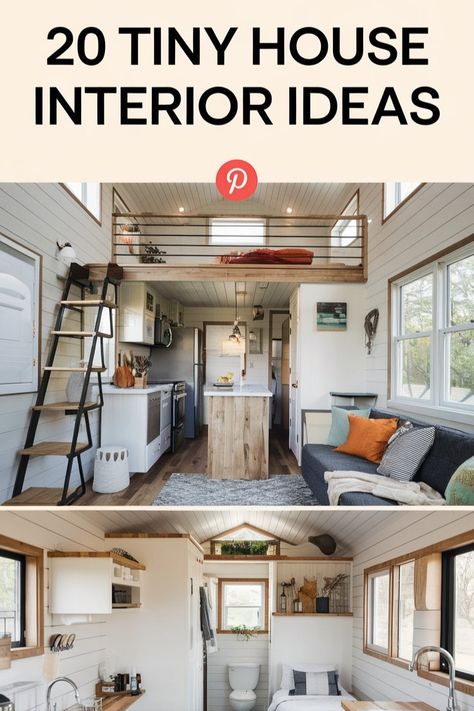 Transform your small tiny house with these 20 interior design ideas! From clever loft layouts to modern tiny house inspiration, this guide will help you make the most of every inch of your space. Tiny House Steps To Loft, Interior Design For A Small House, Tiny House Pictures, Tony Home Interior, Interior Tiny House Ideas, Tiny Home Interior Ideas Space Saving, Diy Tiny Home Ideas, Tiny House Must Haves, Farmhouse Tiny House Interior Design