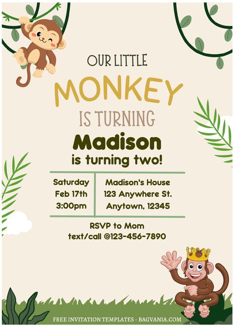 Monkey Invitations, Monkey Birthday Party, Monkey Birthday Parties, Free Printable Baby Shower Invitations, Free Printable Invitations Templates, Monkey Birthday, Cartoon Monkey, Free Printable Invitations, Birthday Disney