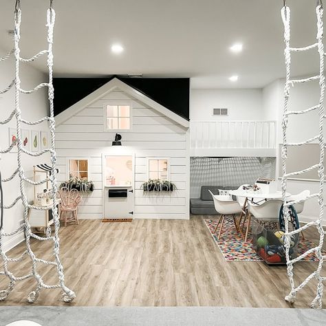 Karri Bowen-Poole | SP | This basement is perfect for creating a playroom that caters to every age! With a living room for the teenagers to enjoy! An educational... | Instagram Attic Renovation Playroom, Farmhouse Toy Room, Playroom In Basement, Conservatory Playroom Ideas, Upstairs Bonus Room Ideas, Built In Playhouse Indoor, Black Playroom, Cool Playroom, Bonus Room Playroom