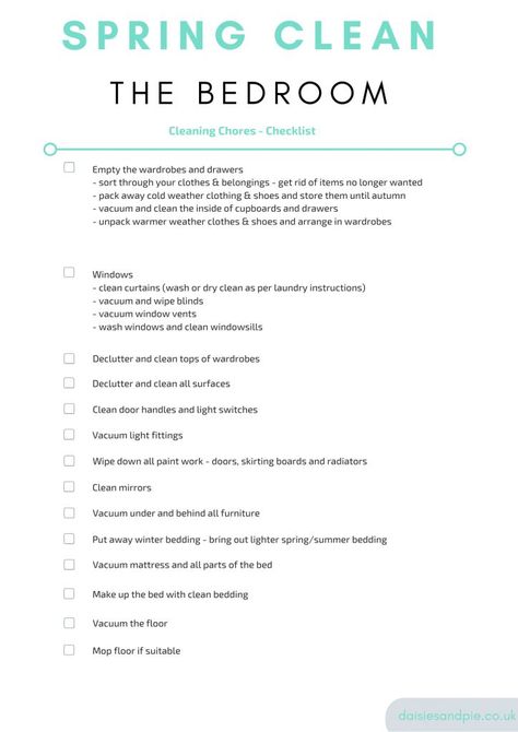 Deep Clean Your Room Checklist, Spring Clean Bedroom Checklist, How To Deep Clean Your Bedroom, Cleaning Your Bedroom, How To Deep Clean Bedroom, Cleaning Schedule For Bedroom, Bedroom Tidying Checklist, Cleaning Checklist For Bedroom, How To Clean Bedroom Checklist