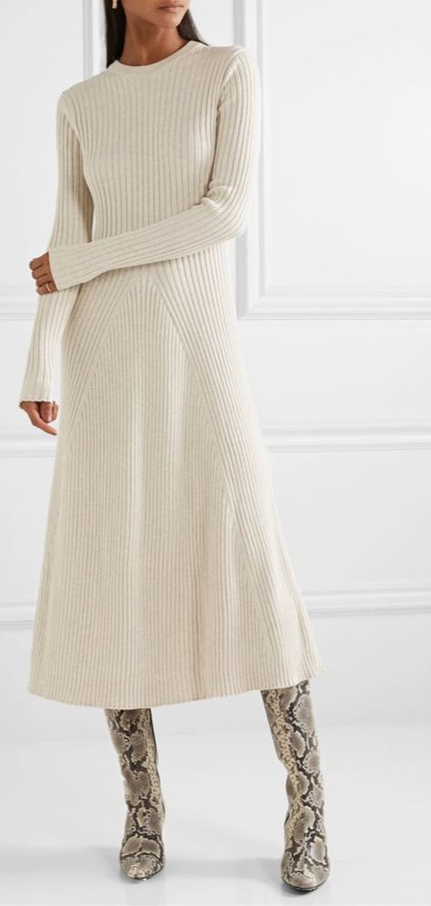 White Rib Knit Dress, Sweater Long Dress, Sweater Dress Cardigan Set, Long Winter Dresses Casual, Rib Knit Dresses, Sweater Knit Dress, Long Knit Dress With Boots, Winter Dress White, Professional Sweater Dress