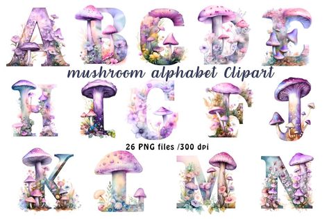 Watercolor Letters Mushroom Clipart Mushroom Drawing With Names, Mushroom Lettering, Mushroom Alphabet, Mushroom Font, Mushroom Letters, Trippy Alphabet Letters, Watercolor Letters, Mushroom Bullet Journal, Mushroom Clipart