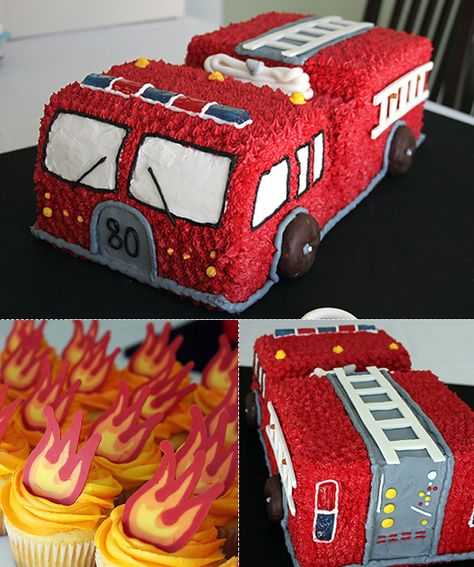 Mom.com : Fire Truck Cake : 50 Amazing and Easy Kids' Cakes -- This cake—along with flaming cupcakes—is much bigger than it looks: It's actually made of four half-sheet cakes. Bright red buttercream frosting tops off the cake, along with a few little candies for various accessories.  To make: Heather Drive Leprechaun Cake, Easy Cakes For Kids, Fire Cupcakes, Fire Engine Cake, Fire Truck Cake, Firetruck Cake, Half Sheet Cake, Truck Birthday Cakes, Rainbow Layer Cakes