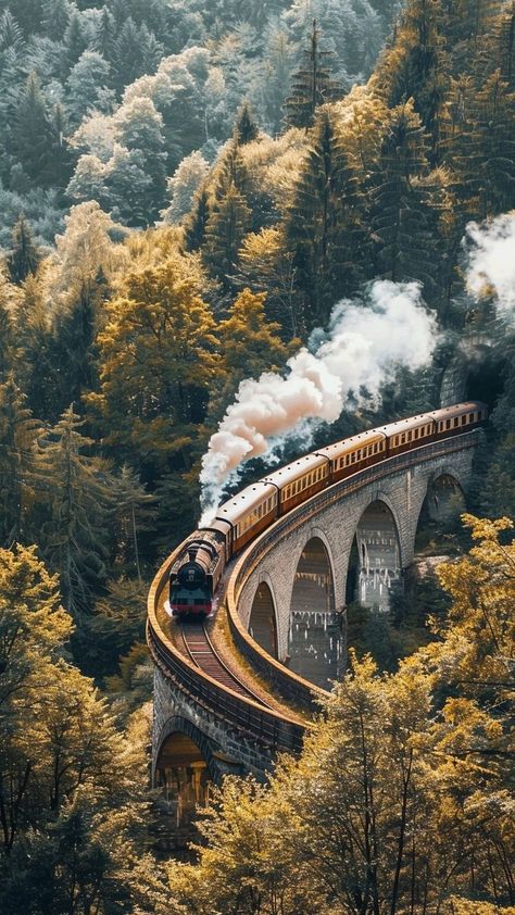 European Train Aesthetic, Travel Phone Wallpaper, Train On Bridge, Vintage Train Travel, Europe In The Fall, Train Landscape, Road Aesthetic, Train Aesthetic, Train Wallpaper