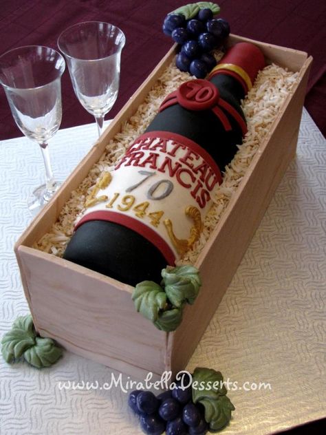 I made this cake for my father who just celebrated his 70th birthday! He loves fine wines and so I had the idea of making a cake designed to be a wine bottle in a crate. The cake is 100% edible, with the wine bottle moulded out of gumpaste and... Wine Theme Cakes, Birthday Cake Wine, Wine Bottle Cake, Wine Cake, 70th Birthday Cake, Bottle Cake, 50th Cake, Gateaux Cake, Birthday Wine