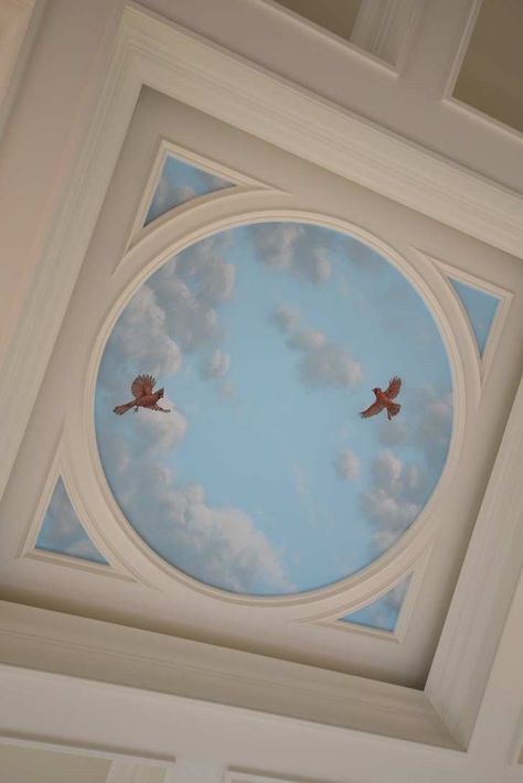 Sky Ceiling with Cardinals Mural - Mural Art Blue Wall Mural Ideas, Cathedral Ceiling Painting, Andalusia House, Sky Ceiling Mural, Blue Sky Ceiling, Subway Stairs, Decorated Ceiling, Ceiling Paintings, Theater Ceiling