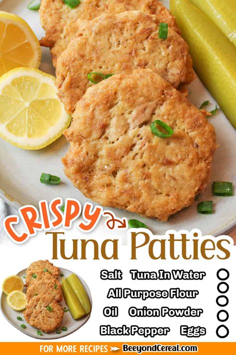 Have canned tuna and don't know what to do with it? Try this tasty and crispy fried tuna patties. They're a comfort meal like no other. With crisp golden outer shell around a tender tuna filling, they're great as a side dish for mac and cheese (that's how we always eat them). But they're also great on their own. These crispy fried tuna patties have been a huge hit in my family my entire life. I bring you these easy tuna patties that are not only easy to make but wonderfully frugal. Sauce For Tuna Patties, Tuna Burger Recipes, Canned Tuna Patties, Fried Tuna Patties, Baked Tuna Patties, Recipes With Tuna, Noom Healthy Meals, Tuna Burger Recipe, Crispy Tuna