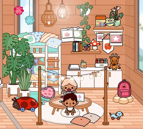 Aesthetic Toca Boca Bedroom Ideas, Toca Boca Shared Room Ideas, Toca Boca Room Idea For Twins, Toca Boca Bedroom Ideas Twins, Toca Boca Room Ideas Twin Room, Twins Room Ideas Toca Boca, Twins Bedroom Toca Boca, Tocaboca Bedroom Ideas, Toca Boca Triplets Room