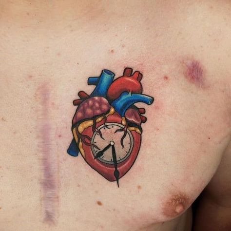 1. Chest Piece Sacred Heart Tattoo Traditional Colorful Design Surgery Tattoo Ideas, Heart Surgery Tattoo, Chest Tattoo Heart, Chest Tattoo Wings, Surgery Tattoo, Open Heart Tattoo, Human Heart Tattoo, Realistic Heart Tattoo, Tattoo Ideas Males