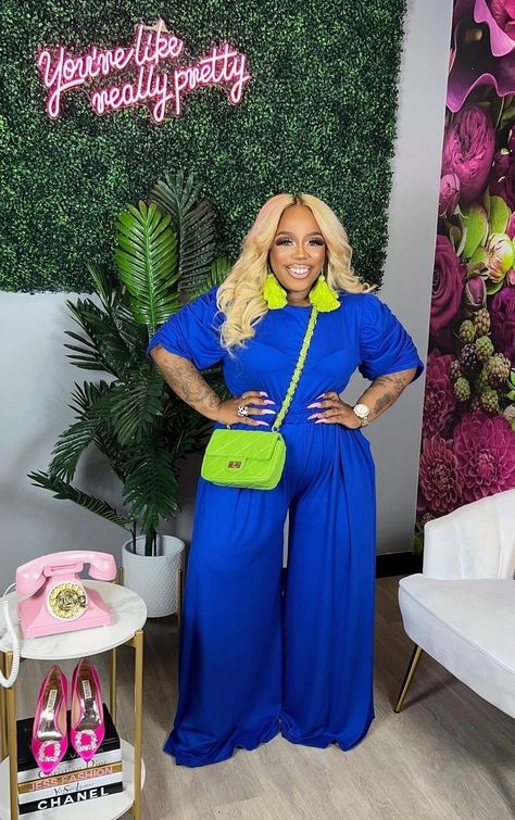 Royal Blue Monochromatic Outfit, Royal Blue And Lime Green Outfits, Blue Brunch Outfit Black Woman, Royal Blue Outfit Ideas Black Women, Black Women Color Blocking Outfits, Blue Outfit Ideas Black Women, Lime Green Color Block Outfit, Royal Blue Outfit Ideas, Neon Green Outfit