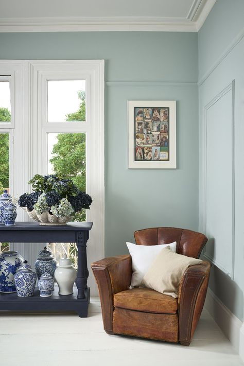 Light Blue Wall Paint by Annie Sloan, Upstate Blue Duck Egg Blue Living Room, Blue Wall Paint, Annie Sloan Wall Paint, Annie Sloan Chalk Paint Colors, Annie Sloan Paint Colors, Blue Painted Walls, Hamptons New York, Classic Homes, Light Blue Walls