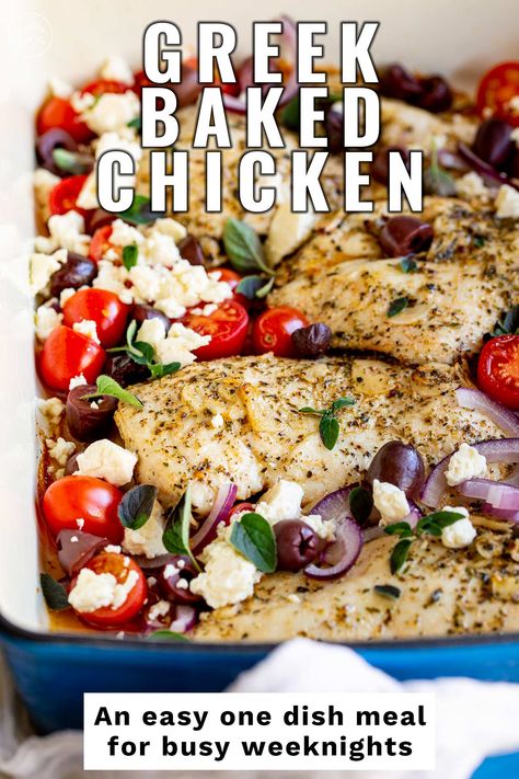 These Baked Greek Chicken Breasts will transport you straight to the Mediterranean. The best part about this recipe is that it's simple and requires minimal effort. The boneless chicken breasts are marinated in a delicious mixture of Greek seasoning, olive oil, salt, and chopped garlic and then baked with extra veg. It's an excellent option for a quick and easy dinner, but also impressive enough to serve to guests. Greek Seasoned Chicken, Mediterranean Chicken Recipes Baked, Baked Greek Chicken Breast, Mediterranean Chicken Breast Recipes, Lebanese Baked Chicken, Baked Mediterranean Chicken, Mediterranean Style Chicken, Mediterranean Chicken Breast, Mediterranean Diet Chicken