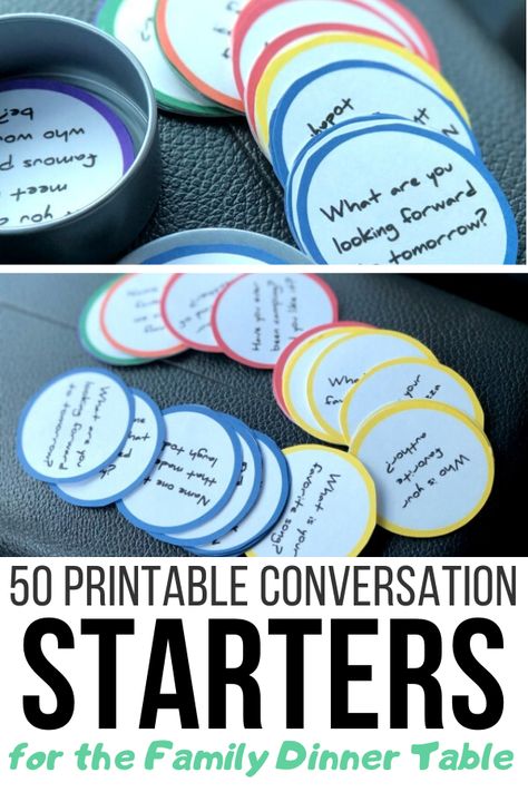 Are you finding yourself at your family dinner table with the same conversation night after night? Check out these fun and free printable conversation starters. You will get a PDF file that contains 50 different family friendly conversation starters to fuel some great dinnertime chat. The prompts cover an array of topics from travel to favorites to animals and more. #diy #socialdistancing #stayhome #printable #mamacheaps Sel Family Night, Family Conversation Starters Printable, Dinner Conversation Starters, Printable Road Trip Games, Boys Activities, Ahg Badge, Family Conversation Starters, Free Family Printables, Family Night Activities