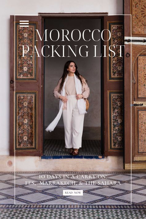 Morocco packing list, 10 days in a carry-on: Fes, Marrakech, and the Sahara, girl wearing a modest outfit all white trousers, travel style Morocco Fashion Woman, Marrakech Winter Outfit, Marrakech Outfit Style Winter, What To Wear Morocco, Morocco Outfit Ideas Winter, Outfits To Wear In Morocco, Winter In Morocco Outfits, What To Pack For Morocco In November, Marrakech Style Outfits