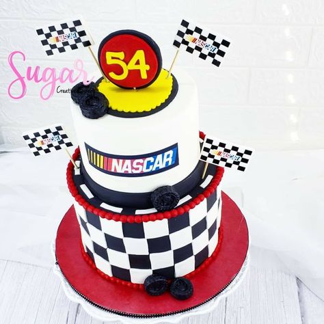 Nascar cake 🏁 #sugarcreativebakery Nascar Cake, Nascar Birthday, Checkered Cake, Nascar Party, Pokemon Birthday Cake, Harry Potter Birthday Cake, 2 Tier Cake, Bakery Products, 60th Birthday Cakes