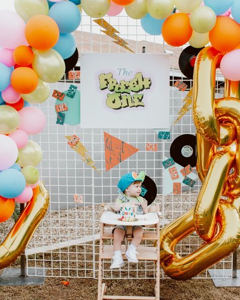 We threw a Fresh Prince themed party for my son’s first birthday. We had a graffiti cake and cookies that looked like records. Plus this badass backdrop. It was amazing! Nsync Party Theme, Fresh Prince Theme Party, Fresh One Birthday Party Ideas, The Fresh One Birthday Party, Fresh Prince One Birthday Party, Fresh Prince Birthday Party Decorations, 90s Theme First Birthday Party, Fresh Prince Party, Fresh Prince First Birthday Party