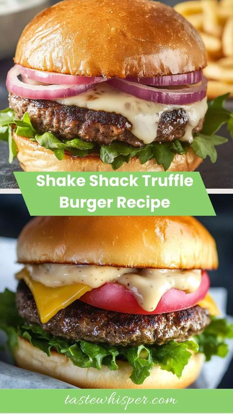 Shake Shack Burger Recipe, Truffle Burger, Truffle Sauce, Gourmet Burger, Quick Pickled Onions, Brioche Rolls, Mushroom Burger, Red Onion Salad, Gourmet Burgers