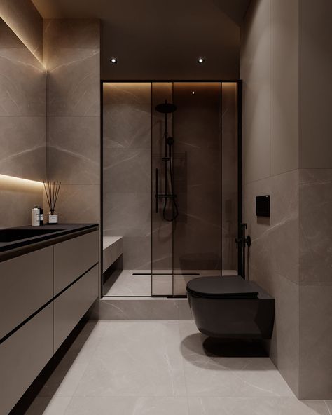 Bathroom Lighting Design Ideas, Light Bathroom Tiles, Texture Tile Bathroom, Toilet Lighting Ideas, Bathroom Interior Tiles, Modern Bathroom Tiles Design Ideas, Interior Feature Wall, Bathroom Render, Shower Ideas Bathroom