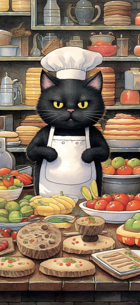 A black cat donning a chef's hat, surrounded by a colorful array of vegetables, adding a playful and lively vibe to the scene. Chef Wallpaper Iphone, Cat Chef Drawing, Chef Wallpaper Aesthetic, Chef Aesthetic Wallpaper, Chef Wallpaper, Ideas Portadas, Cat Tattoo Simple, Black Cat Aesthetic, Artwork Collection