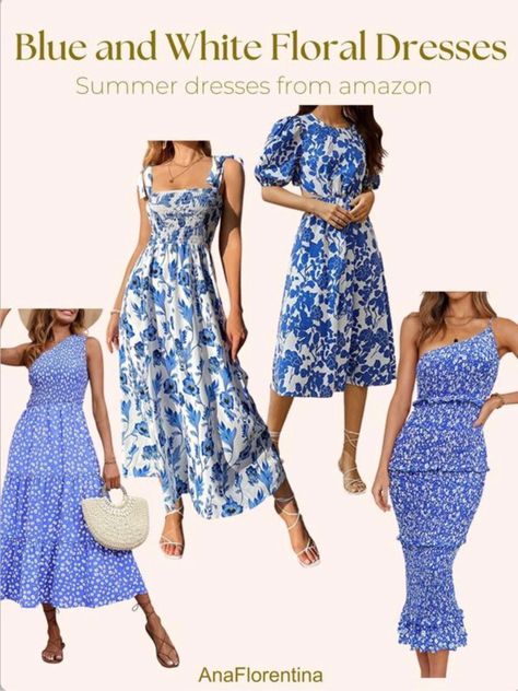 Blue white floral dresses Blue Summer Dress With Digital Print, Blue Beach Dress With Printed Motifs, Blue Floral Print Sleeveless Summer Dress, Blue Summer Dresses With Butterfly Print, Blue Floral Print Sundress For Beach Cover-up, White Living, White Floral Dress, Blue Dresses, Chic Outfits