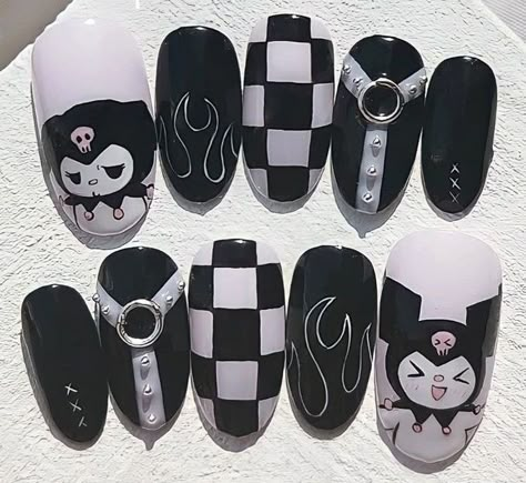 Kurumi Nails Art, Hello Kitty Nails Kuromi, Anime Nails Art Ideas, Kuromi Nails Short Simple, Sanrio Nail Art Kuromi, Kurumi Nails, Kuromi Nail Designs, Kuromi Acrylic Nails, Nail Kuromi