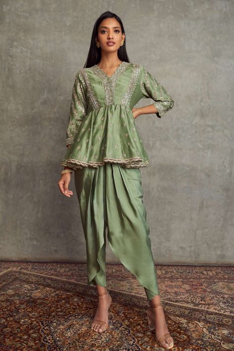 Buy Jayanti Reddy Green Chanderi Silk Dhoti Pant Set Online | Aza Fashions Jayanti Reddy, Floral Print Jacket, Dhoti Pants, Draped Blouse, Draped Skirt, Indian Dress, Top And Pants Set, Sharara Set, Indian Fashion Designers