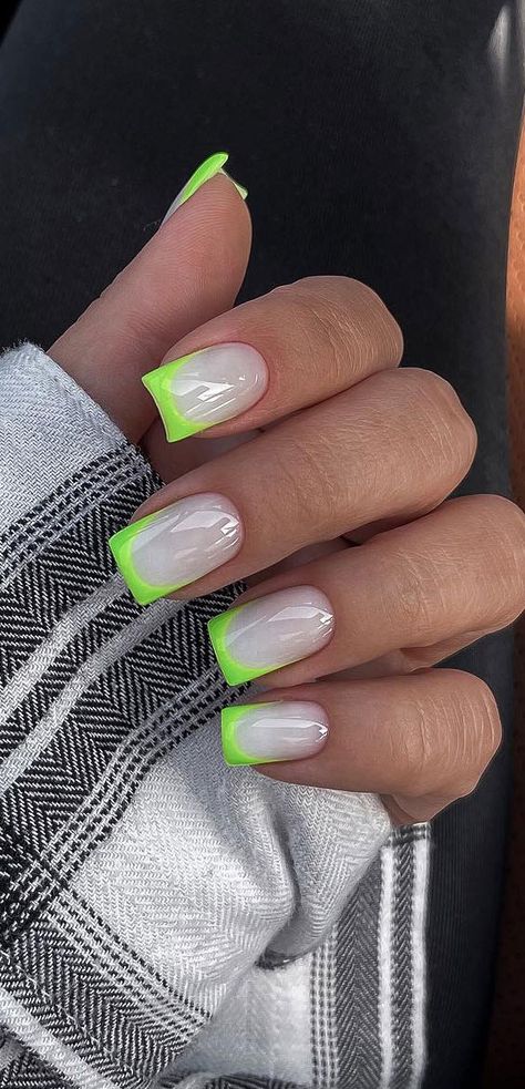 29. Neon Green French Tips Whether you're prepping for a special occasion or simply want to add a touch of glamour to your everyday look, our collection of 40 stunning nail ideas has you covered. Luminous Green Nails Design, Nail Ideas Green And White, Nail Ideas Neon, French Tip Nails Green, Neon Green Nails Design, Nail Ideas Green, Green French Tips, Minimal Nail, Nails Bow