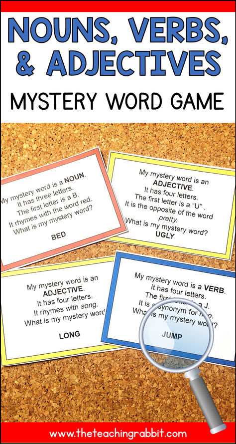 In this grammar game, students try to guess the mystery word on the card. There are a few clues given about the word (whether it is a noun, an adjective or a verb, how many letters it has, what it starts or ends with, etc.). Students play in groups of three. One student reads while the other students guess. This makes a great literacy station because students are engaged in reading, thinking, and speaking. This game comes with 50 Mystery Word cards! A fun way to reinforce parts of speech! Noun Games 2nd Grade, Adjective Games For Kids, Grade 3 Literacy, Nouns Verbs Adjectives Activities, Adjectives Games, Adverb Activities, Adjective Games, First Grade Games, Third Grade Literacy