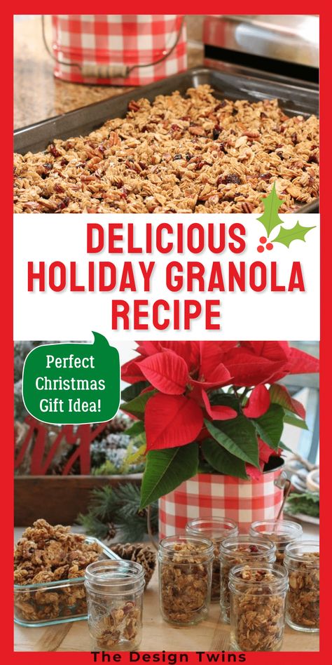 Learn how to make delicious holiday granola this season with The Design Twins. Make the best granola you’ve ever tasted and create homemade treats to give this Christmas & all year long! Handmade gifts are always special. Make the best granola you've ever tasted and create homemade treats to give this Christmas & all year long! Handmade gifts are always special. Holiday Granola Recipe, Holiday Granola, Christmas Granola, Best Homemade Granola, Granola Gift, Christmas All Year, Cranberry Bliss Bars, Homemade Gift Baskets, Best Granola