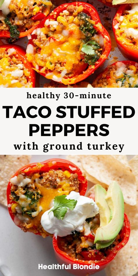 This taco-flavored ground turkey stuffed peppers recipe is loaded with lean ground turkey, fresh kale, corn, and quinoa. This wholesome, high protein dinner is gluten-free, flavorful, and ready in under 30 minutes! A perfect meal prep idea and or family dinner for busy weeknights. Stuffed Peppers With Ground Turkey, Corn And Quinoa, Turkey Stuffed Peppers, Ground Turkey Stuffed Peppers, Mexican Stuffed Peppers, Taco Stuffed Peppers, Quinoa Stuffed Peppers, Stuffed Peppers Recipe, Stuffed Peppers Turkey