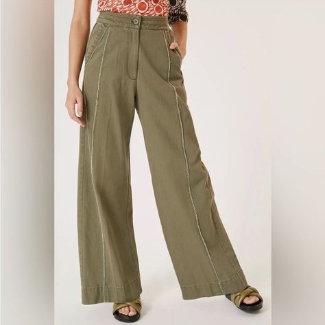 Anthropologie Brand Tiny Wide Leg Pants Nwt No Flaws Waist 15 Inches Flat Hips 22 Inches Flat 14 Inch Rise 31 Inch Inseam 45 Inches Long Sn 2279 Linen Culottes, Green Cottage, Olive Green Pants, Khaki Trousers, Romantic Blouses, Anthropologie Brands, Retro Streetwear, High Waist Pants, Summer Boho